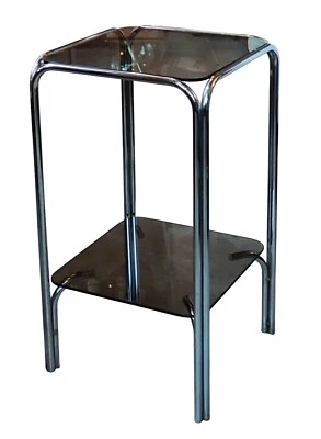 Ancienne Sellette Design Porte Plante Table D appoint Verre Fumé Chrome 1970 - Photo 1/4