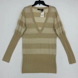 Suéter túnica MixIt para mujer grande XL dorado beige rayas cuello en V profundo ajustado Y2K - Imagen 1 de 7