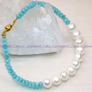 2x4mm Faceted Aquamarine Rondelle Beads&7-8mm White Real Pearl Bracelet 7.5inch - Picture 1 of 12