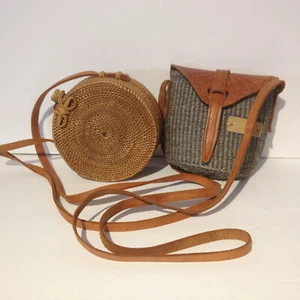 2 Mini Woven Sisal Rattan Purse Bag LOT Leather KENYA Boho Earthy amerii RESORT - Picture 1 of 22