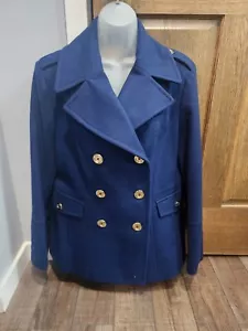 Michael Kors Women's Med Double Breasted Wool Blend Pea Coat Jacket Navy Blue - Picture 1 of 9