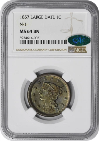 1857 Large Cent Large Date MS64BN NGC (CAC) Cover