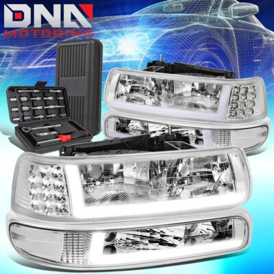 PARA 1999-2002 CHEVY SILVERADO LED DRL 4 PEÇAS FAROL DE PARA-CHOQUE CROMADO TRANSPARENTE + FERRAMENTAS - Imagem 1 de 4