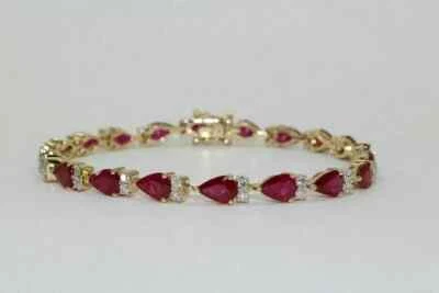 9Ct Pear Cut Simulated Diamond Red Ruby Tennis Bracelet 14K Yellow Gold  Silver - Image 1 of 4