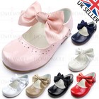 Girls Bow Shoes Spanish Style Mary Jane Patent Pink White Ivory Navy Camel UK4-2