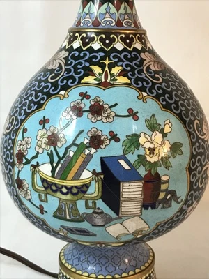 Champleve Cloisonne Lamp Asian Brass Enamel Bronze Urn Symbols - Image 1 of 4