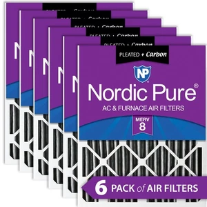 Nordic Pure 16x20x4 (3 5/8) Pleated Plus Carbon Air Filters MERV 8 6 Pack - Picture 1 of 7