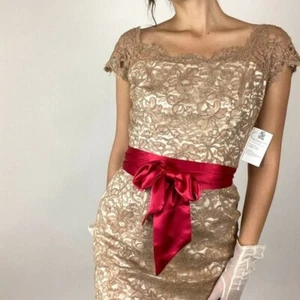 Vintage Bronze Tan Lace Wiggle Cocktail Mini Dress Small - Picture 1 of 7