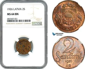 AI443, Latvia, 2 Santimi 1926, NGC MS64BN - Picture 1 of 1