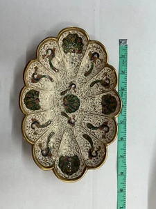 Antique Brass 8.5" Peacock Scalloped Trinket Dish Tray Decorative Accent - Picture 1 of 2