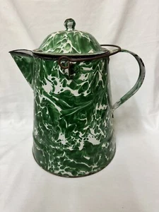 ANTIKER grüner SWIRL GRANITGESCHIRR KAFFEEKESSEL / COWBOY KAFFEEKANNE - Bild 1 von 13