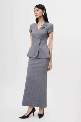 Traje de mujer envolvente falda nalga cuello en V formal negocios oficina informal 2 piezas Foto 1 de 4