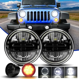 Pair Black 7" Round LED Headlights + Smoke Turn Lights For Jeep JK JKU 2007-2018 - Picture 1 of 14