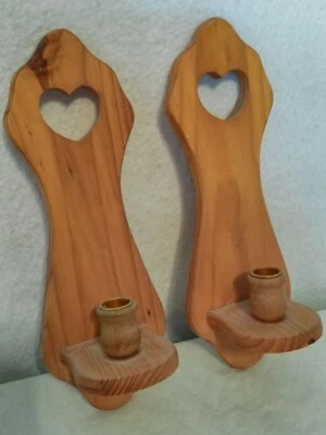 Vtg Pine Wood 2 Wall Sconce Candle Holder Heart Cutout Unfinished Wood 12.5"Tall - Image 1 of 4