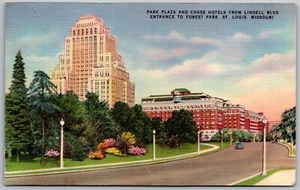 Vintage St Louis Missouri MO Park Plaza & Chase Hotels Waldpark Eingang Postkarte - Bild 1 von 2