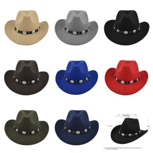 Retro Women Men Western Cowboy Cowgirl Hat Outdoor Felt Wide Brim Hat - Picture 1 of 20