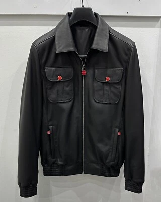 Kiton Genuine Leather Soft Lambskin Men's Black Luxury Bomber Jacket - Image 1 of 4