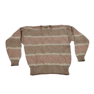 VTG 90s Evian Trellis Chunky Knit Sweater Womens M Tan Pink Zigzag Stripes - Picture 1 of 4
