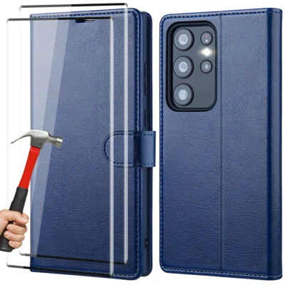 Coque pour Samsung S23 S22 Ultra S21 S20 FE S10e S10 Effet Cuir + 2 Verre Trempé