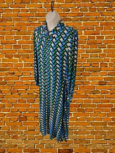M&S BLUE GREEN DRESS SIZE UK 14 VISCOSE WOMENS LONG SLEEVE BUTTON UP SHIRT STYLE - Picture 1 of 5