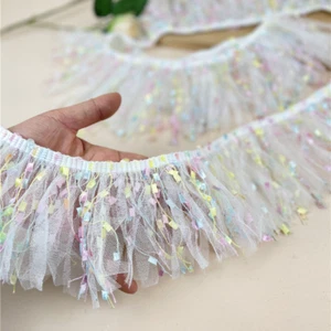 5yard Ethnic Mesh Trim Tasseled Edge Gauze for Skirt Hem Sewing DIY 10cm Width - Picture 1 of 8