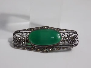 Vintage Jugendstil Brosche 925er Silber Grüner Achat Stein Floral Antikschmuck  - Bild 1 von 5