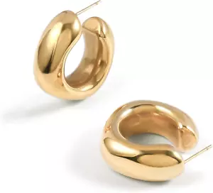 Thick Gold Chunky Hoops Earrings for Women 18K Real Gold Plated Open Hoop Lightw - Picture 1 of 12