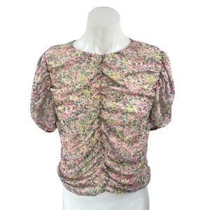 Blusa Top MNG Mango Multicolor Acanalada Floral Manga Corta Abullonada L - Imagen 1 de 4