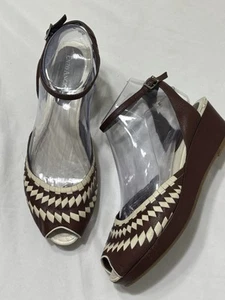 Enzo Angelina Woven Brown Leather Peep Toe Wedge Sandal Women’s 7 - Picture 1 of 11