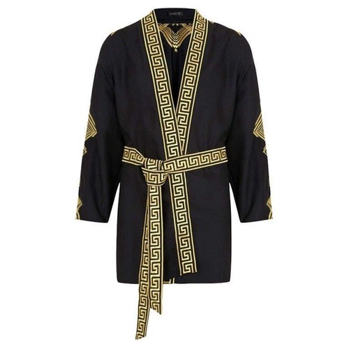 Giacca kimono Versace con cintura ricamata oro misto lana nera M