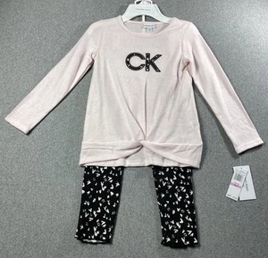 Calvin Klein Little Girls Logo Sweater and Floral Ribbed Leggings, 2 Piece Sz 6 - Picture 1 of 3
