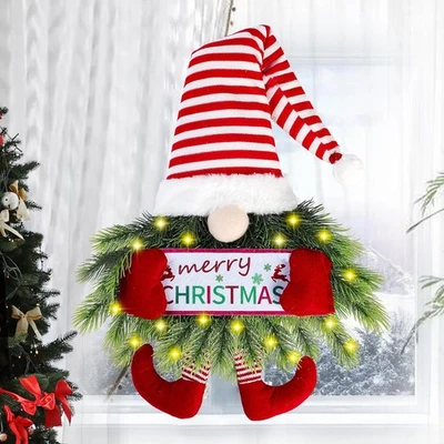 Sggvecsy Christmas Wreath Gnome Wreath with Lights Santa Gnome Christmas Hanging - Image 1 of 4
