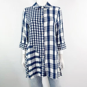 Soft Surroundings Blue White Plaid Tunic Shirt Top Size M Casual Western Cowgirl - Picture 1 of 12
