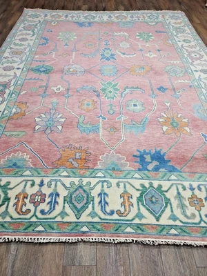 TURKISH OUSHAK RUG.MODERN MULTICOLORED AREA RUG 9x12,HANDMADE BOHEMIAN RUG - Image 1 of 4