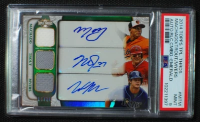 ⚾ TROUT MACHADO MYERS 2014 Topps Triple Threads Emerald Jersey AUTO /18 - PSA 9 - Image 1 of 2