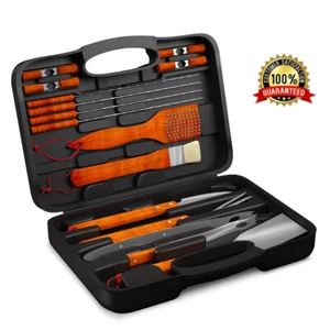 18-Piece Wood Stainless-Steel BBQ Grill Set W/ Case Barbecue Camping Birthdays - Picture 1 of 8