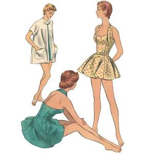 Vintage 50s Pattern, Halter Neck Bathing Suit & Beach Coat - Multi Sizes