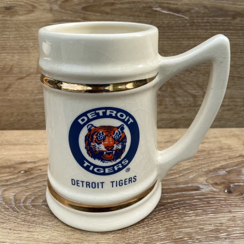Vintage Detroit Tigers Ceramic Beer Stein Mug Gold Trim Old Logo Cover