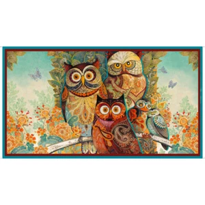 Owl Fabric Owl Arabesque Birds Flowers Night Owls Cotton QT 24"X44" Panel - Picture 1 of 1