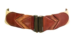 CORSET BROWN REAL LEATHER BEIGE ELASTIC 2"Wd WAIST DRESS WOMEN'S BELT Sz S (40M - Picture 1 of 10