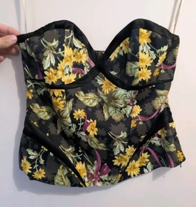 Karen Millen London Black Floral Corset Bodice Top 14 Vintage 90s Silk Mix Boned - Picture 1 of 11