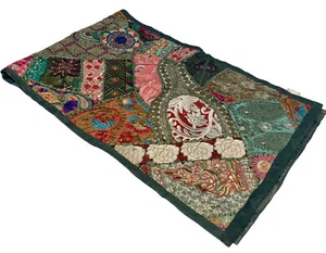 Unbranded Table Runner Boho Embroidered Sequin Beaded Green Multi Color 60 X 19 - Picture 1 of 9