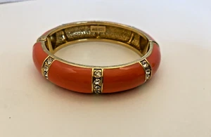 J. Crew Orange Enamel & Rhinestone Oval Hinged Bangle Bracelet Gold Tone Metal - Picture 1 of 24