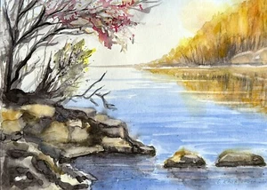 Original Watercolor Painting Autumn trees sunset on the river A4 stone bank - Picture 1 of 7