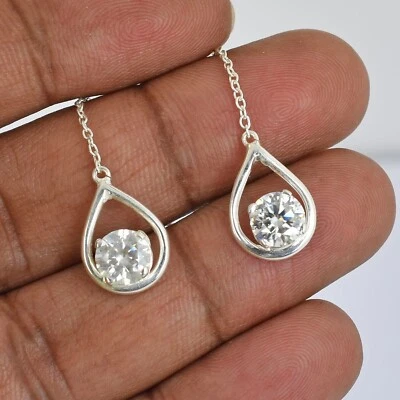 2.10 Treated Certified Off White Diamond Solitaire Dangler Earrings,925 Silver - Image 1 of 4