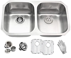 Fregadero de cocina Moore 14,6" con doble tazón, satinado cepillado - Imagen 1 de 6