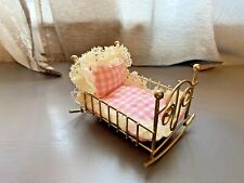 Vintage Metal Dollhouse Miniature Rocking Crib Cradle Bed 3.75 x 2.5 Gold Tone