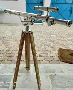 64" Big Nautical Antique Floor Standing Brass Telescope With Wooden Tripod Stand - Picture 1 of 5