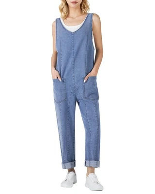 Mono vaquero HISEA para mujer pantalones harén mameluco holgado azul lavado claro-M Foto 1 de 4