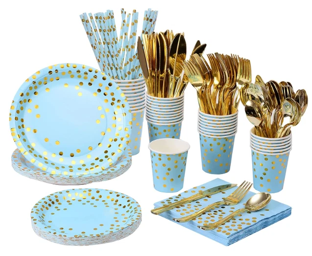 Juego de 200 piezas de suministros de fiesta de oro rosa (platos/servilletas/tazas/platería) sirve 25 Foto 1 de 4